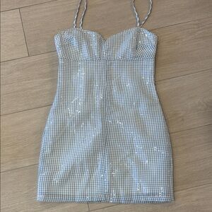 Storia Light Blue and White Checkered Mini Dress with clear sequin size s